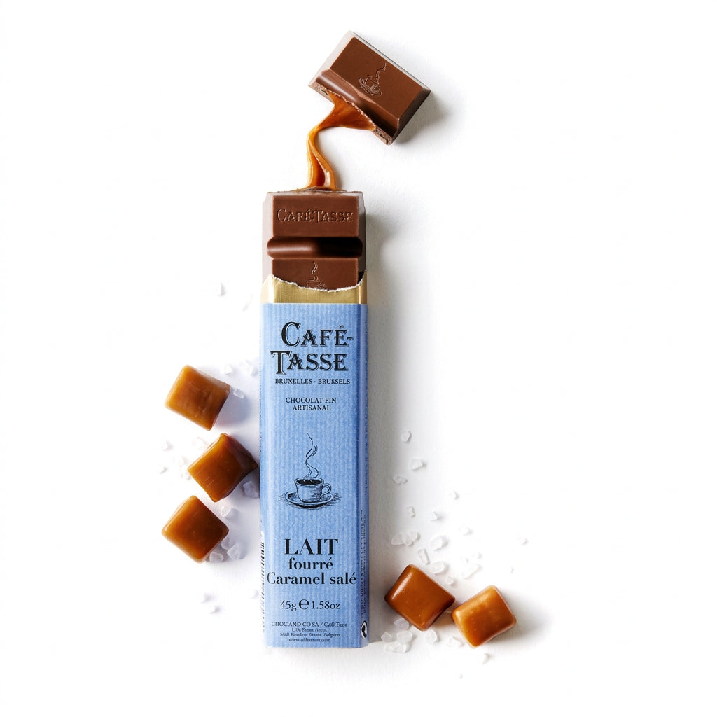 Café Tasse milk chocolate bar with caramel filling on a white background