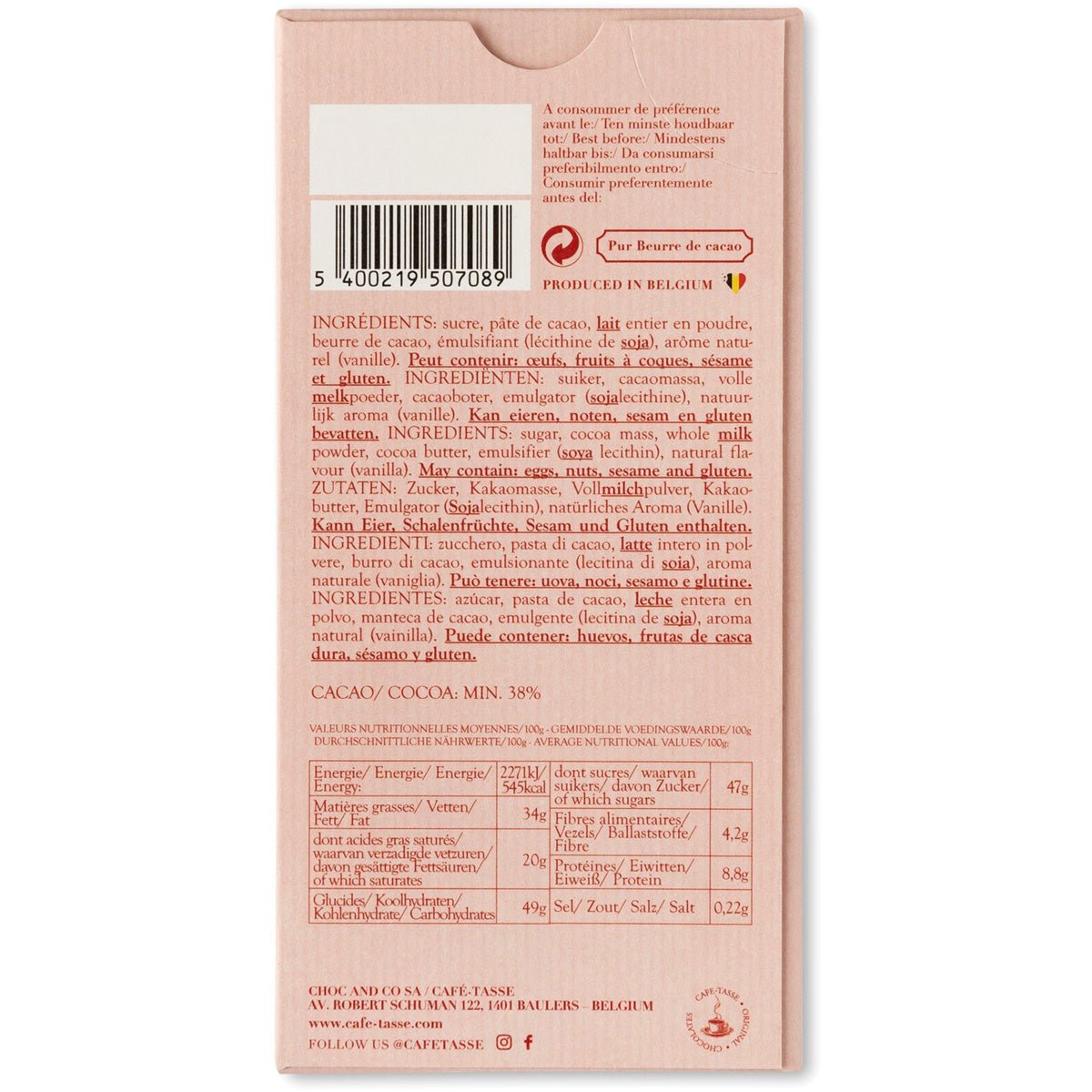 Cafe-Tasse Lait ‘Love’ 38% Milk Chocolate Bar - 85g