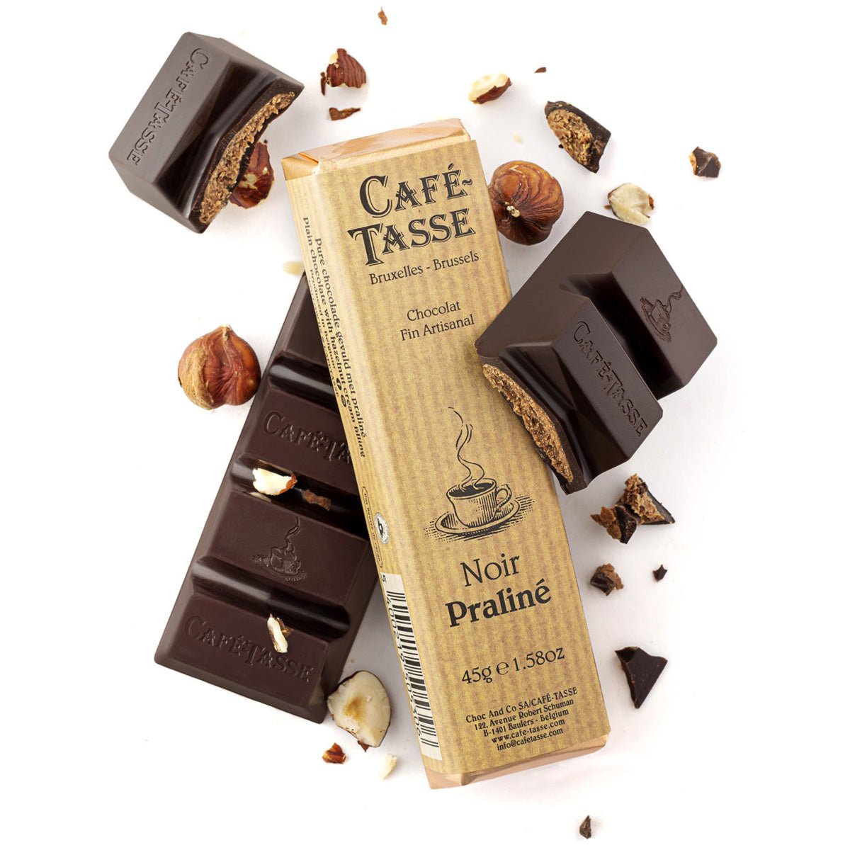 Cafe-Tasse Noir Praline 60% Dark Chocolate & Hazelnut Praline Bar - 45g