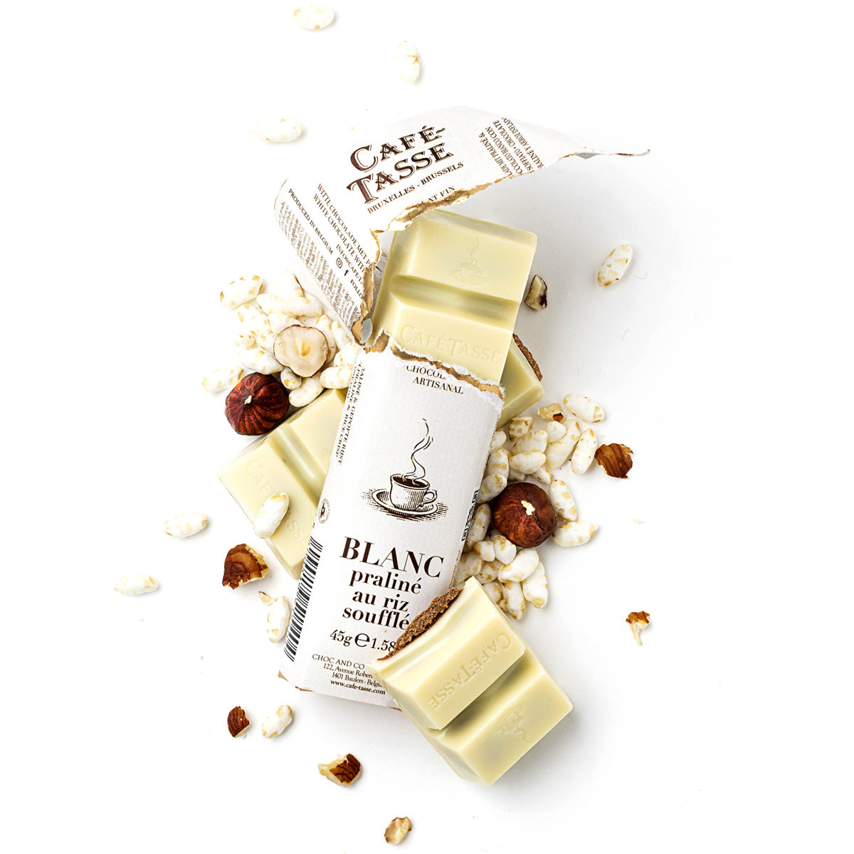 Café-Tasse Praline & Puffed Rice in White Chocolate Bar - 45g