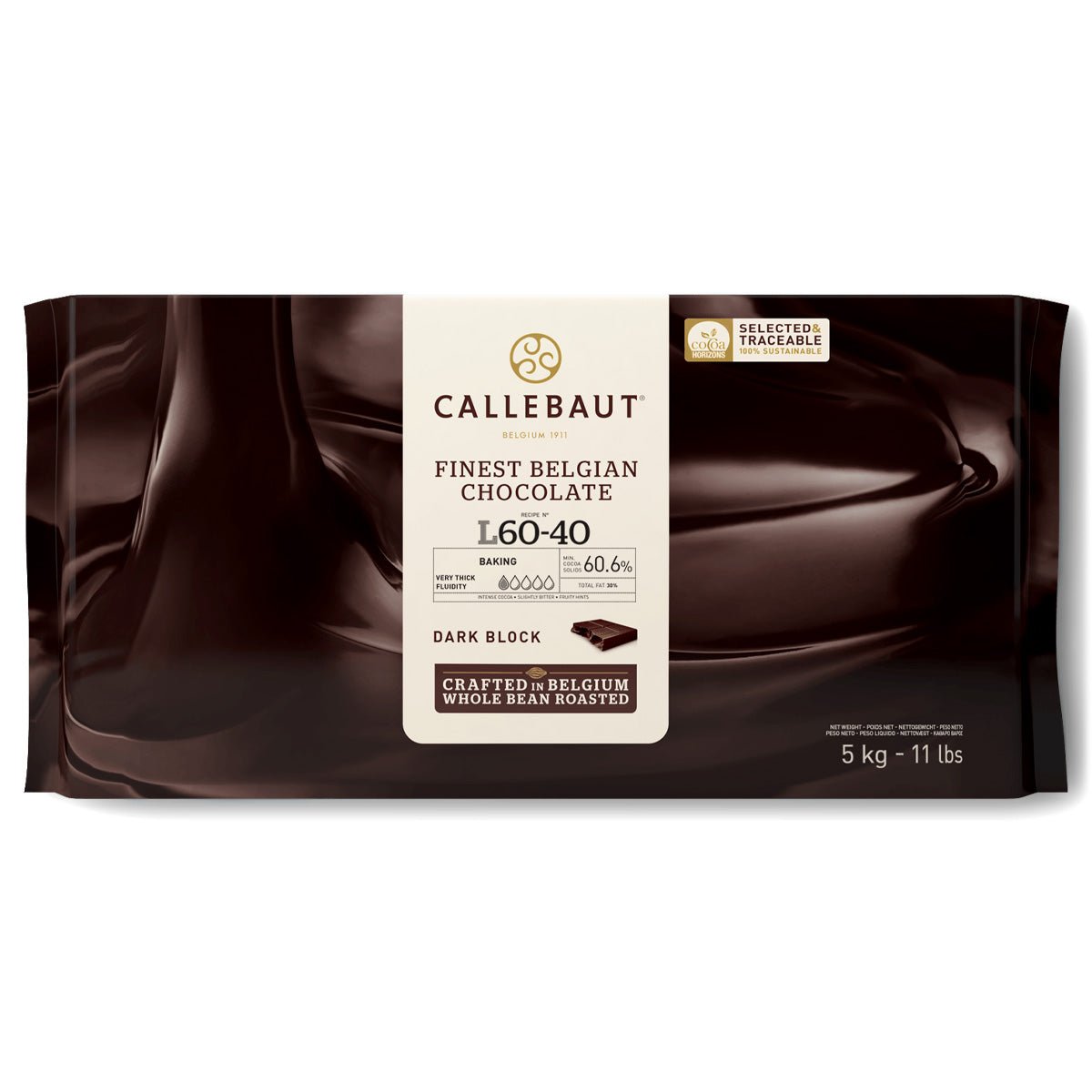 Callebaut L-60-40NV Natural Vanilla 60% Dark Chocolate Bloc - 5 kg