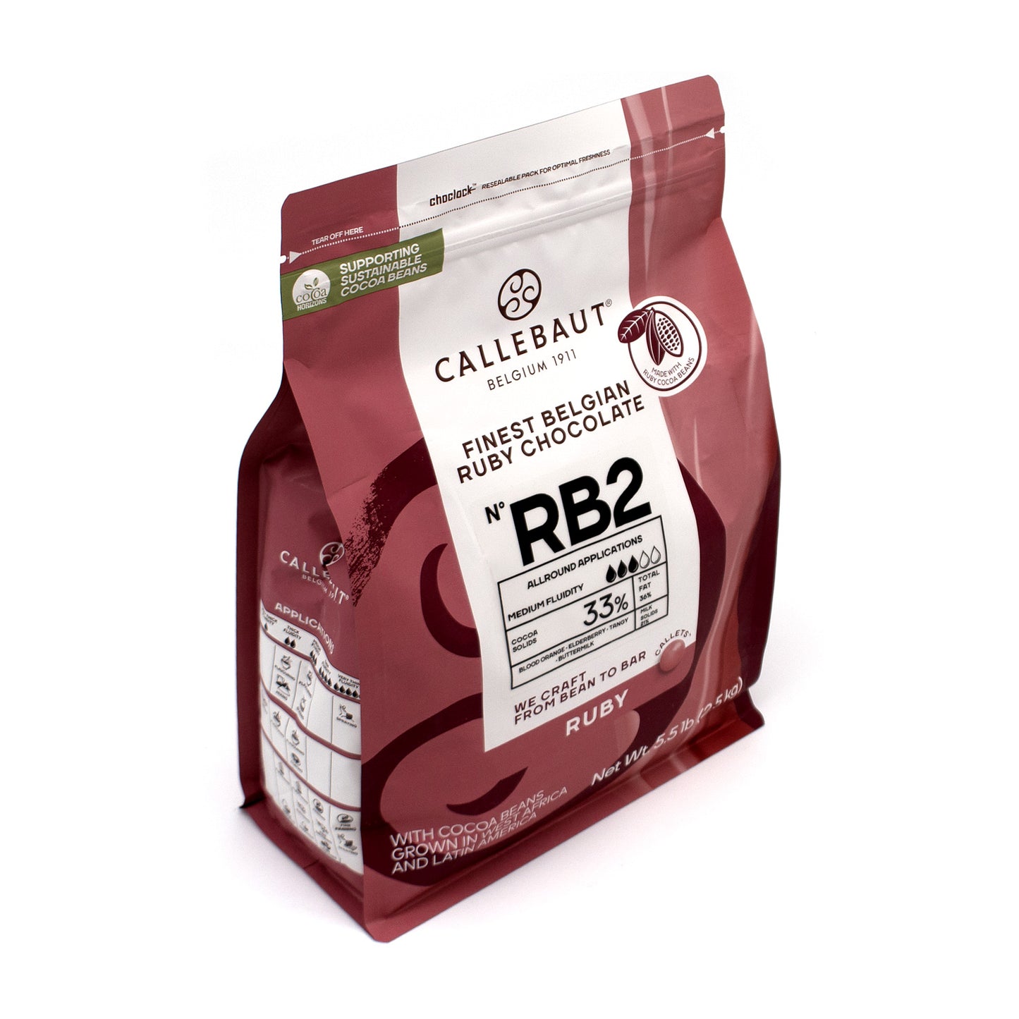 A stand-up pouch of Callebaut No. RB2 Finest Belgian Ruby Chocolate, featuring a deep ruby red color with a large white label on the front, set against a plain white background.