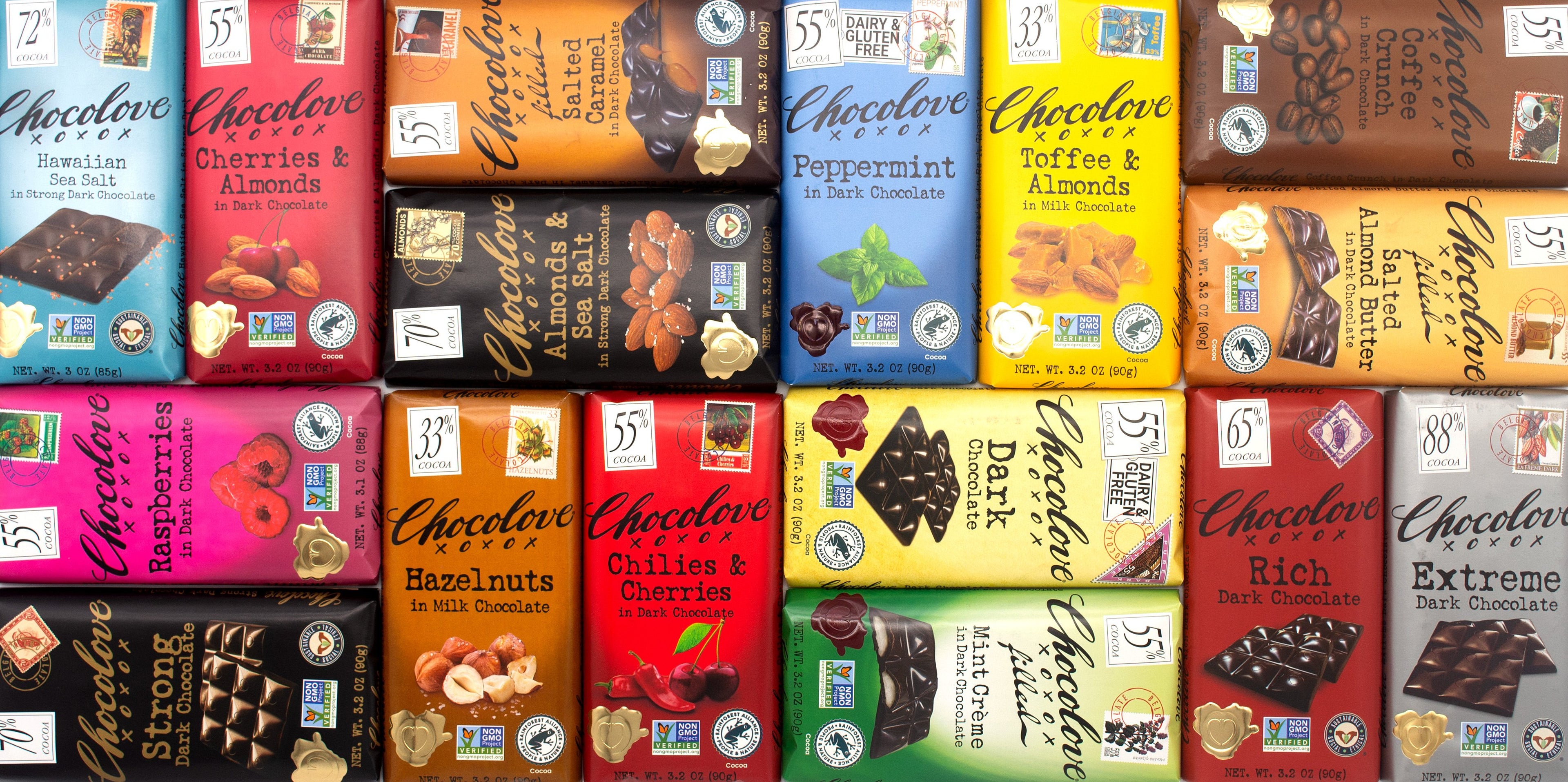 A collection of various Chocolove bars