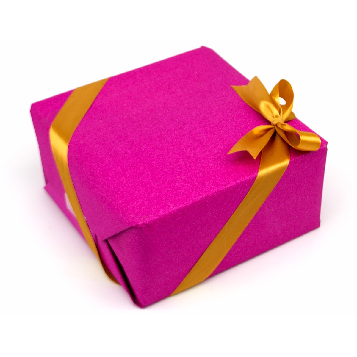 Pink gift box with a gold ribbon on a white background