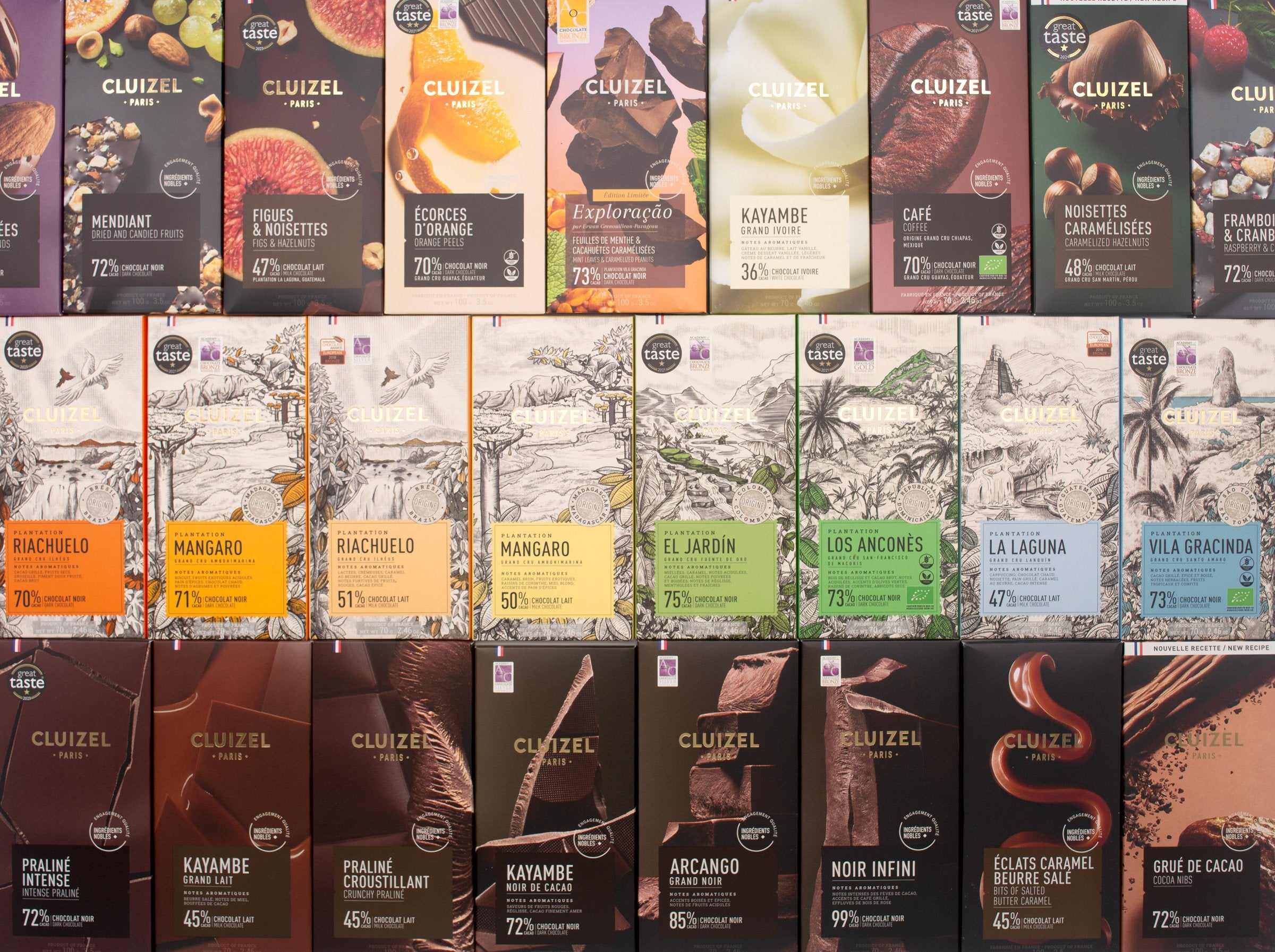 Collection of Cluizel chocolate bars with various flavors and designs.