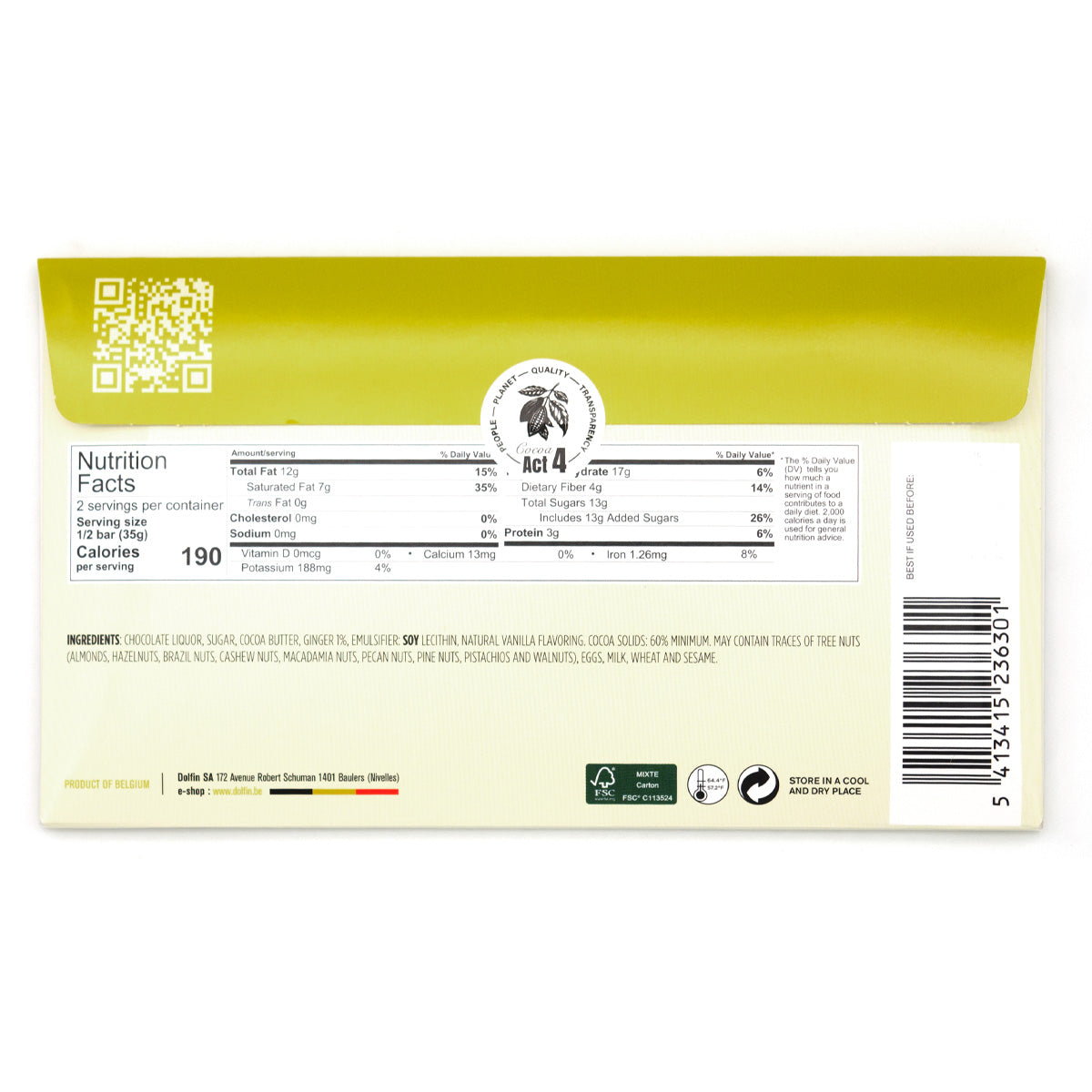 Dolfin 60% Dark Chocolate with Ginger Bar - 70g
