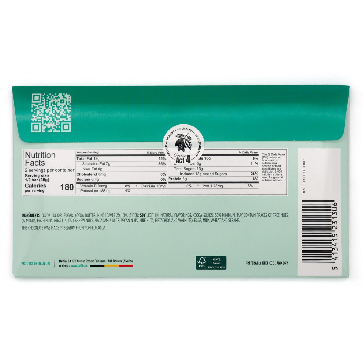 Dolfin 60% Dark Chocolate with Mint Leaves Bar - 70g