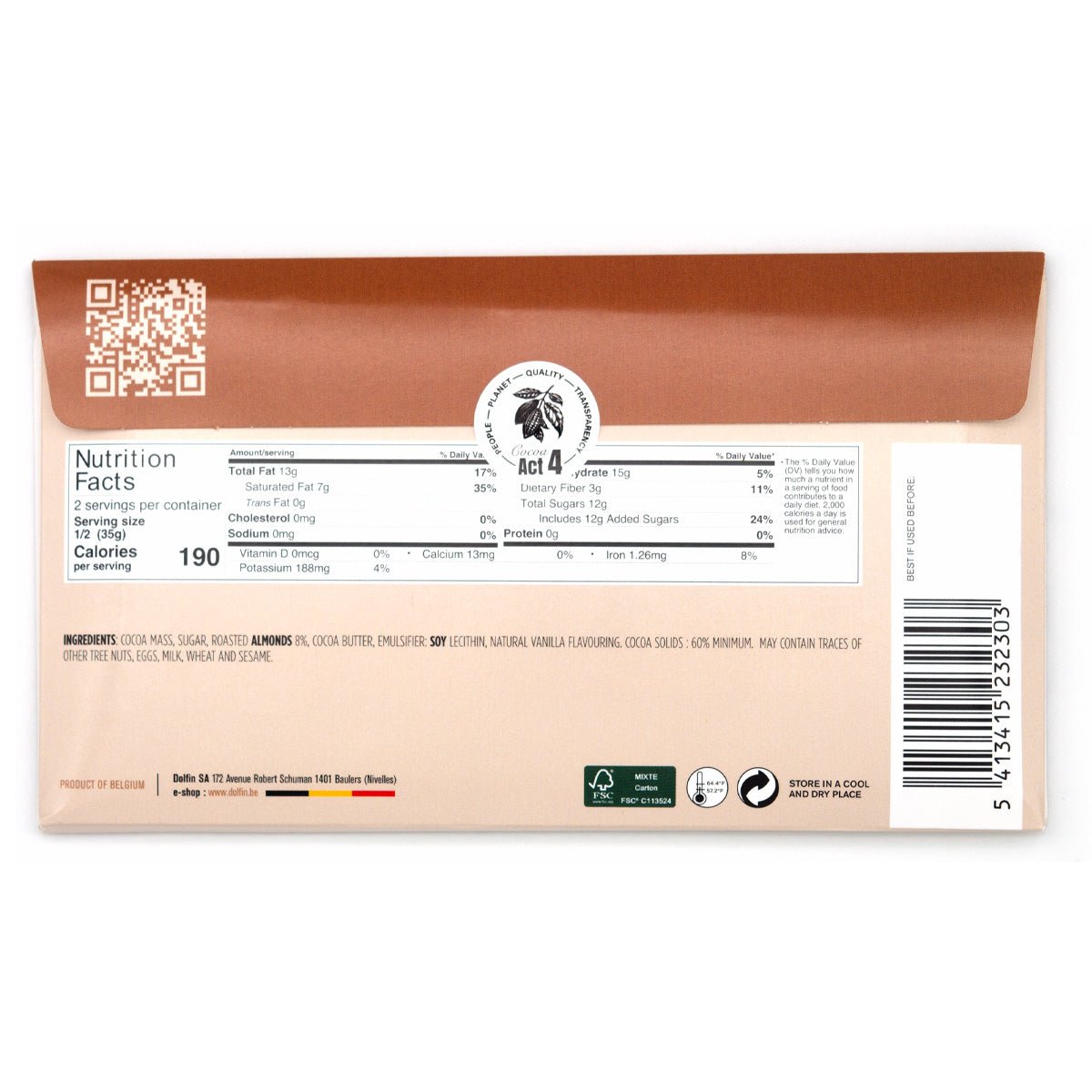 Dolfin 60% Dark Chocolate with Roasted Almonds Bar - 70g