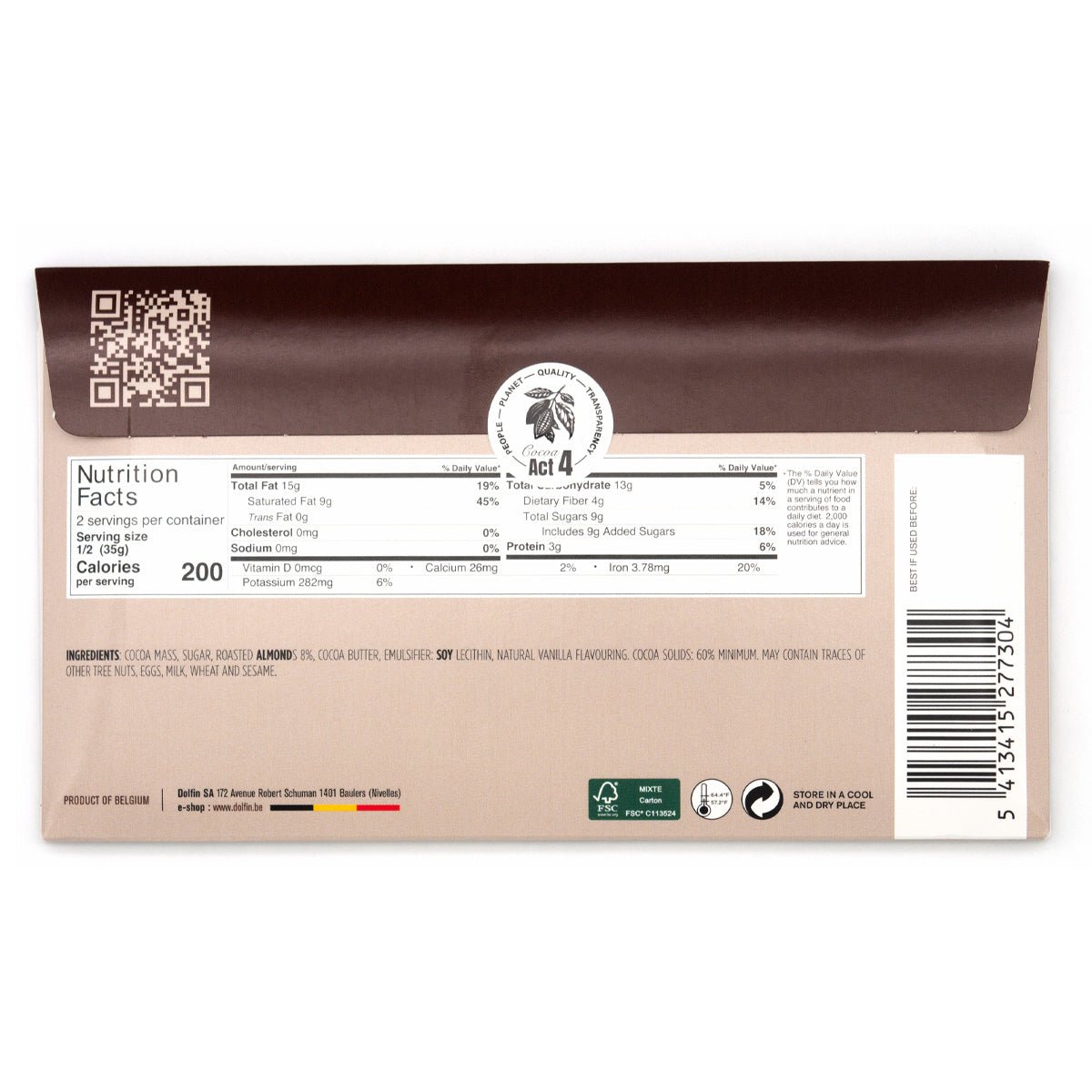 Dolfin 70% Dark Chocolate with Cocoa Beans Bar - 70g