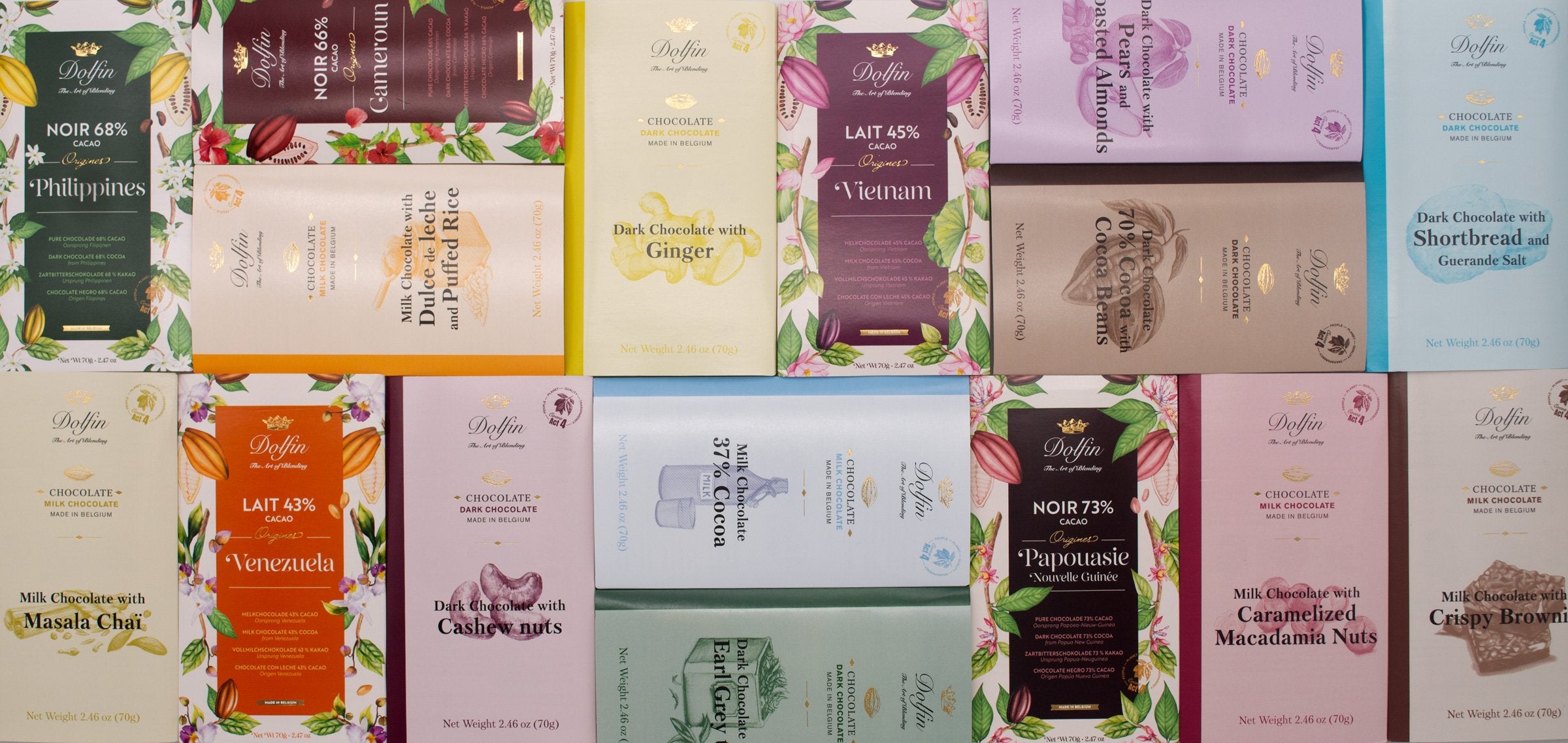 A collection of various Dolfin chocolate bars