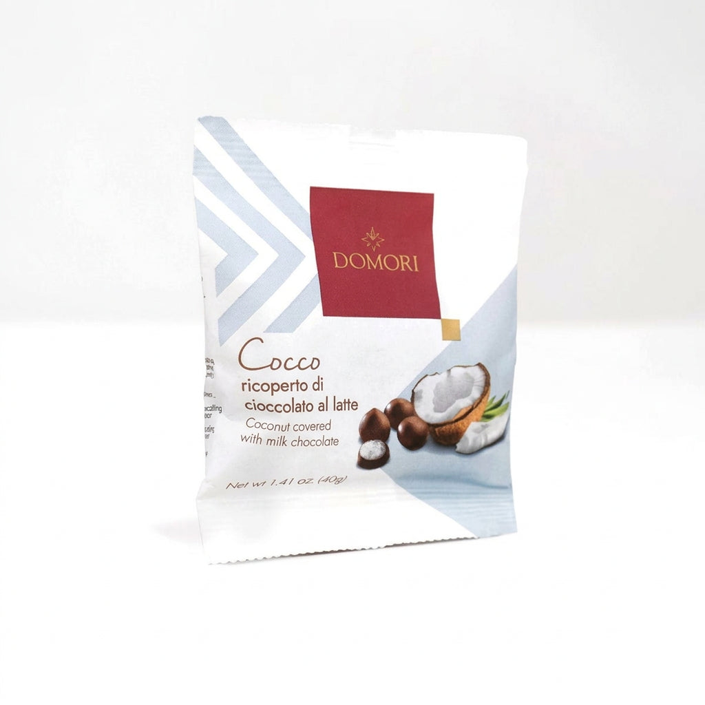 DOMORI coconut covered chocolate packaging on a white background
