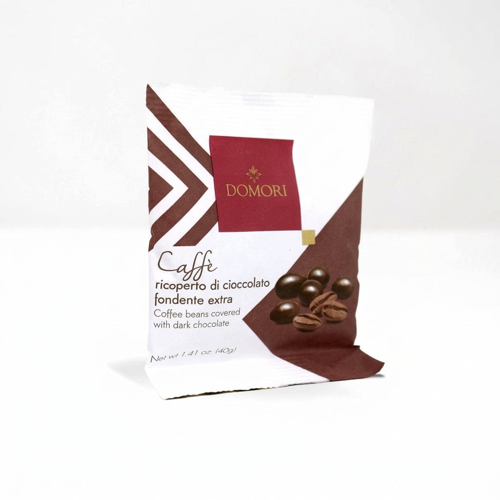 Domori chocolate covered coffee beans package on a white background