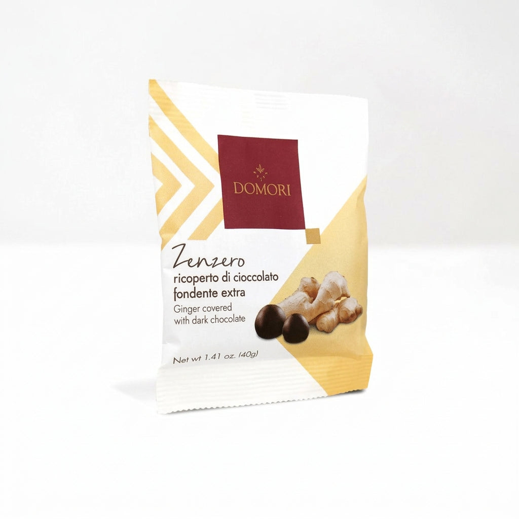 DOMORI chocolate packaging with ginger covered in dark chocolate on a white background