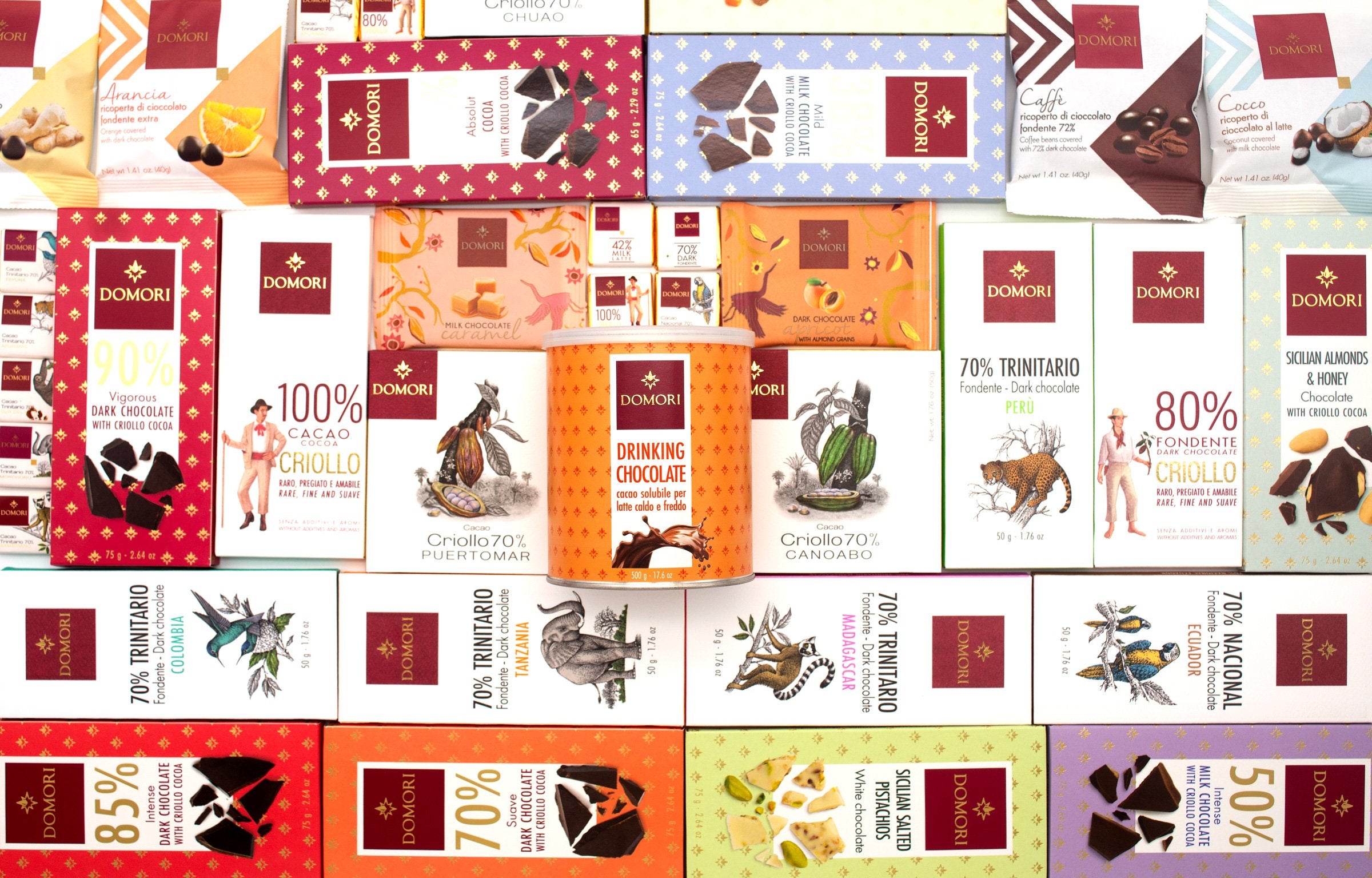 Collage of various Domori chocolate packaging with different designs and colors.