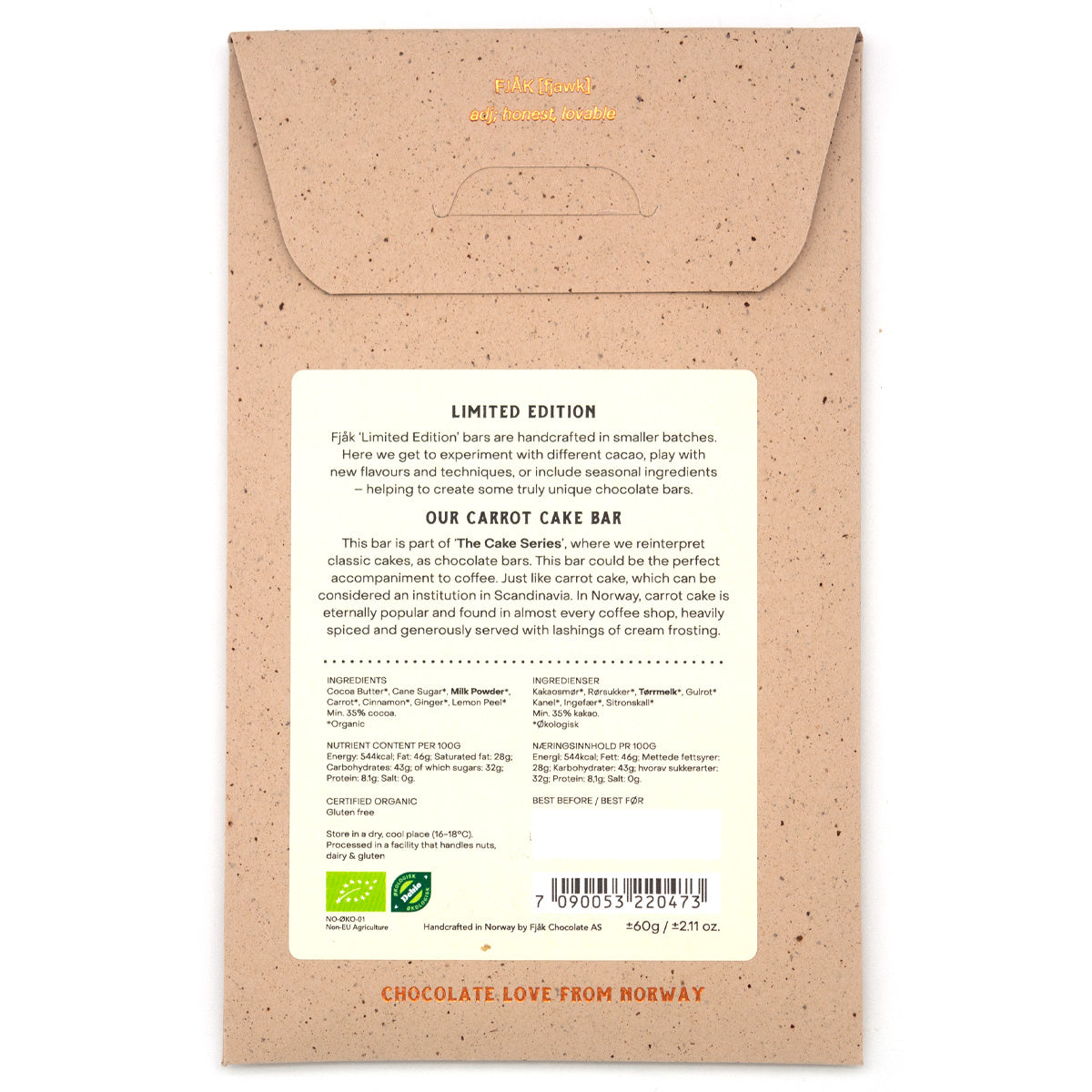 Fjak Carrot Cake 35% White Chocolate Bar - 60g