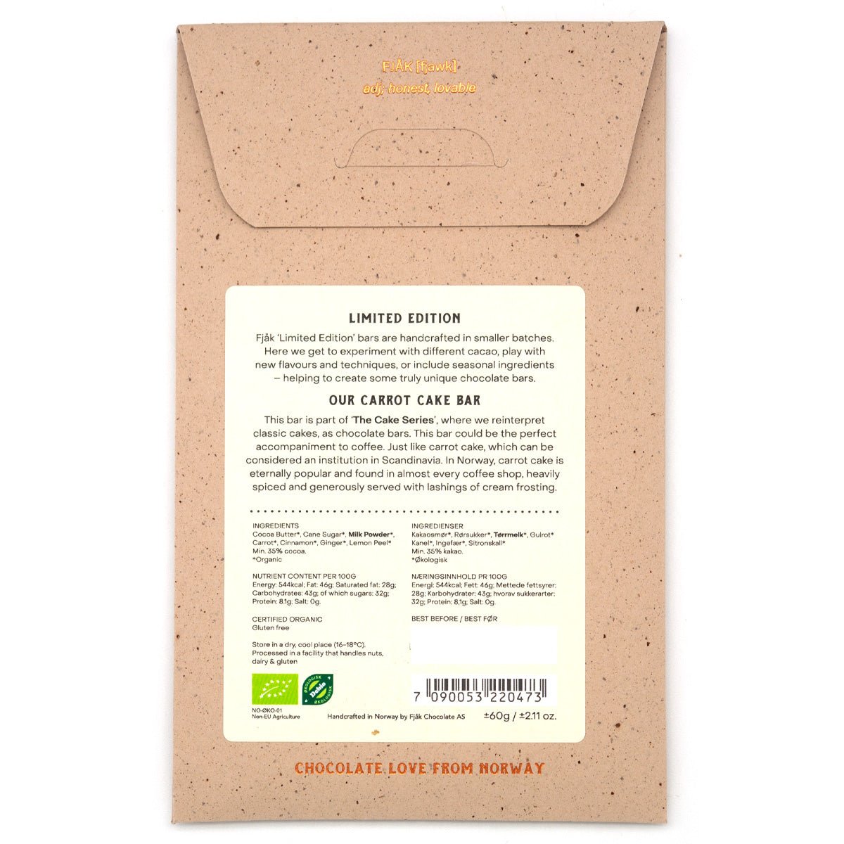 Fjak Carrot Cake 35% White Chocolate Bar - 60g
