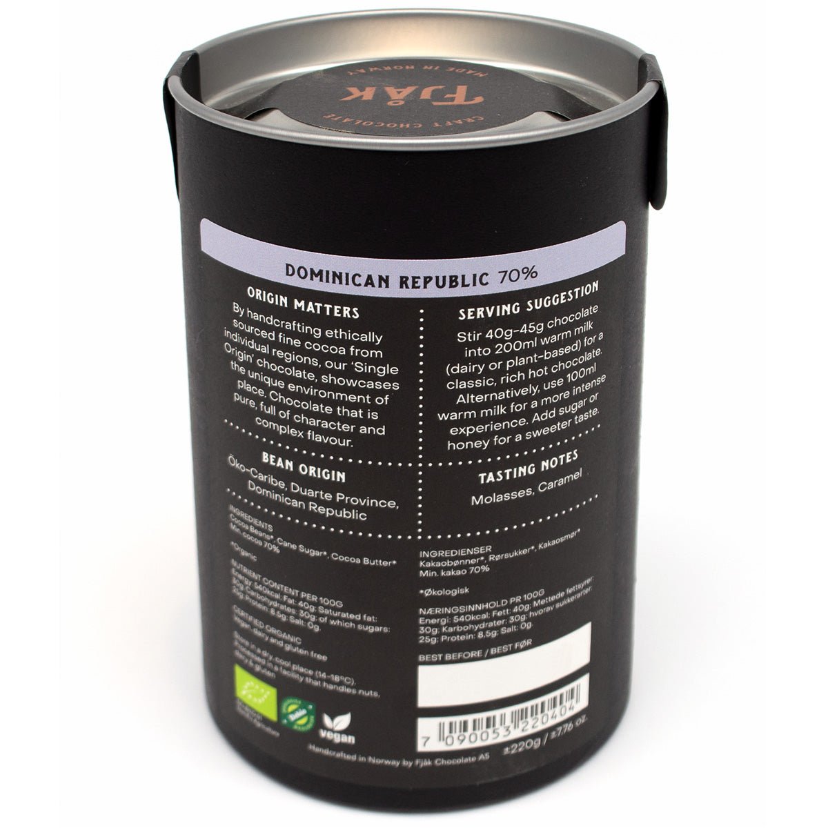 Fjak Dominican Republic 70% Single Origin Dark Drinking Chocolate Canister - 220g