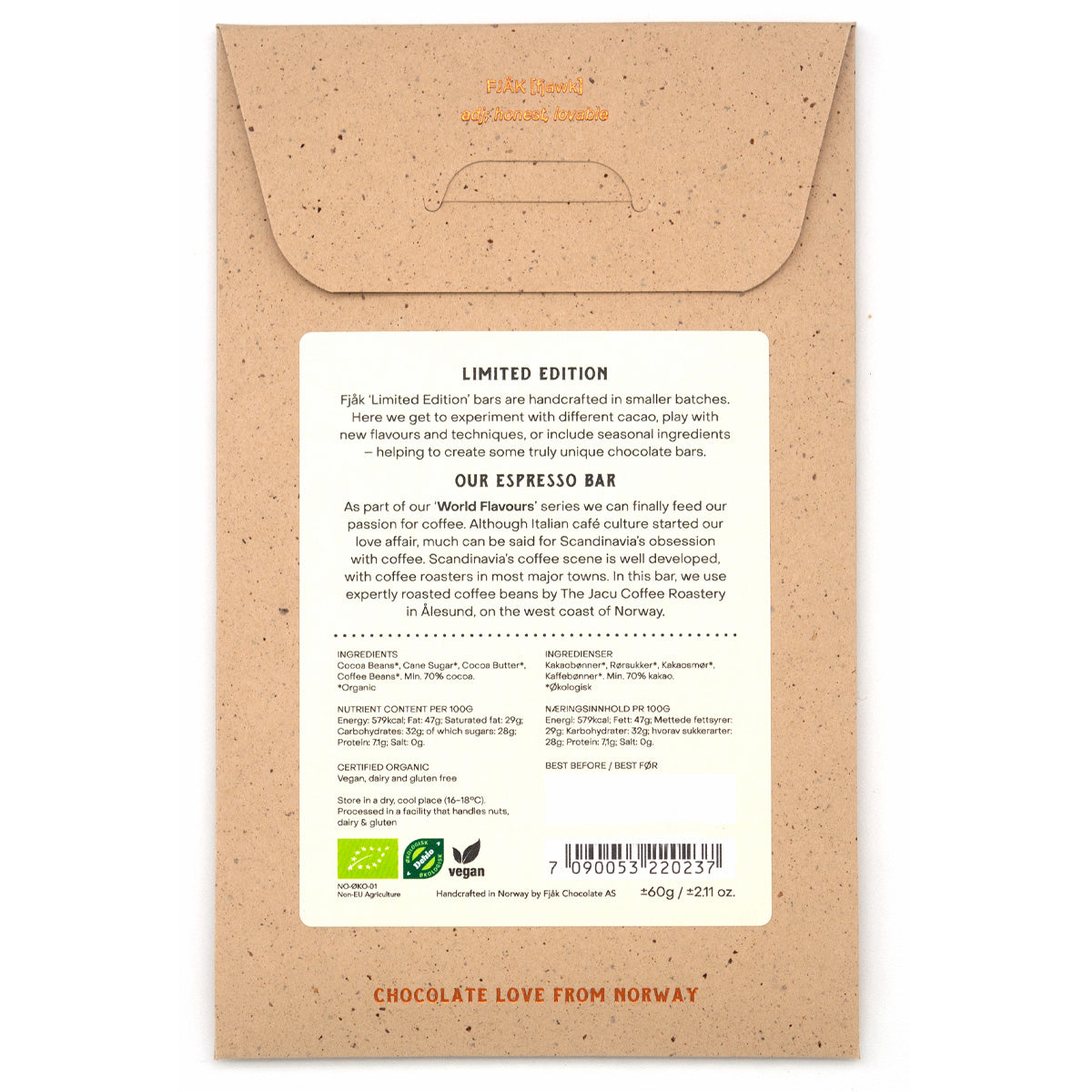 Fjak Espresso 70% Cacao Dark Chocolate & Coffee Bar - 60g