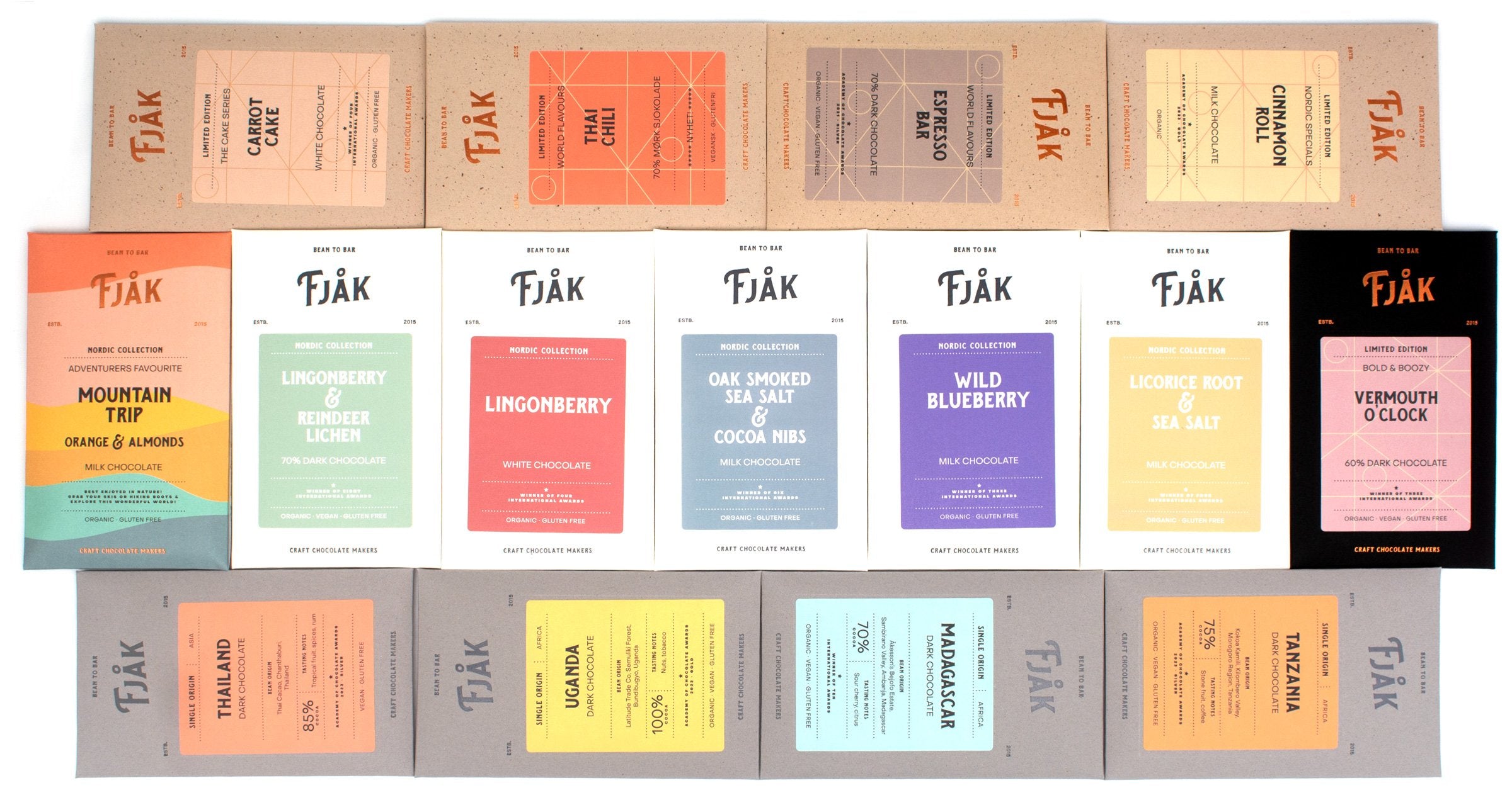 Collection of FJäK chocolate bar boxes in various colors and designs.