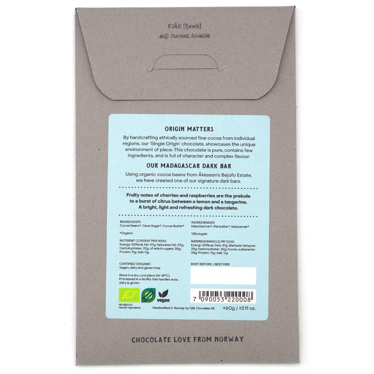 Fjak Madagascar 70% Cacao Dark Chocolate Bar - 60g