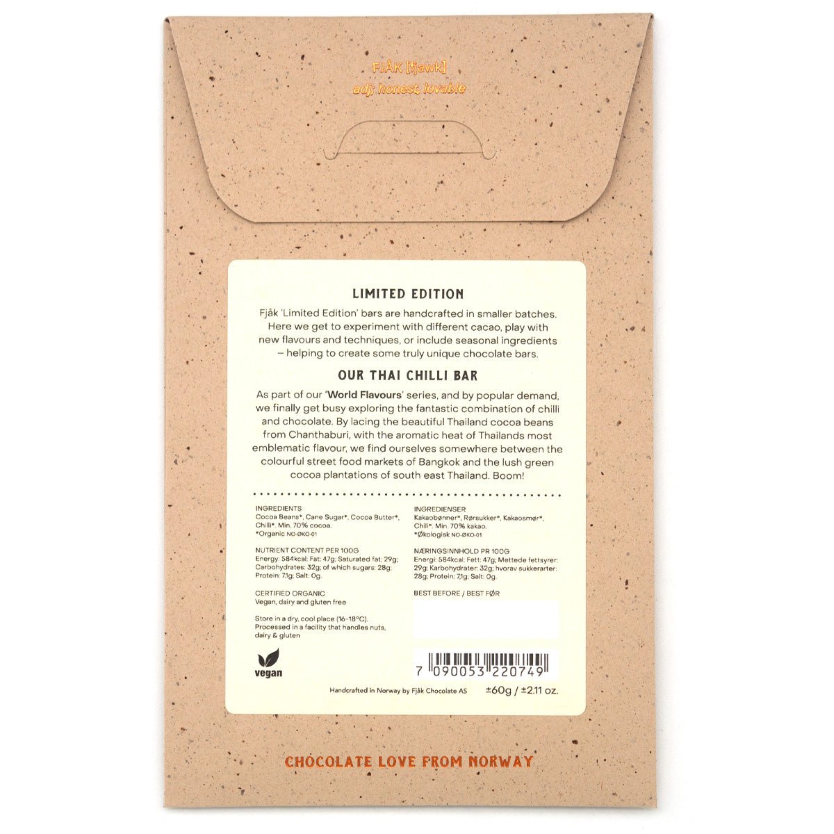 Fjak Thai Chili 70% Cacao Dark Chocolate Bar - 60g