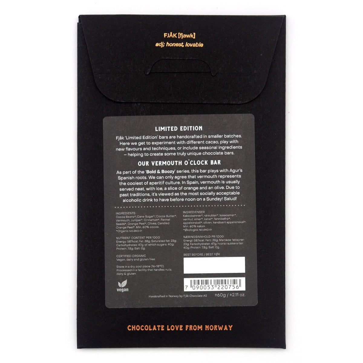 Fjak Vermouth O'Clock 60% Dark Chocolate Bar - 60g