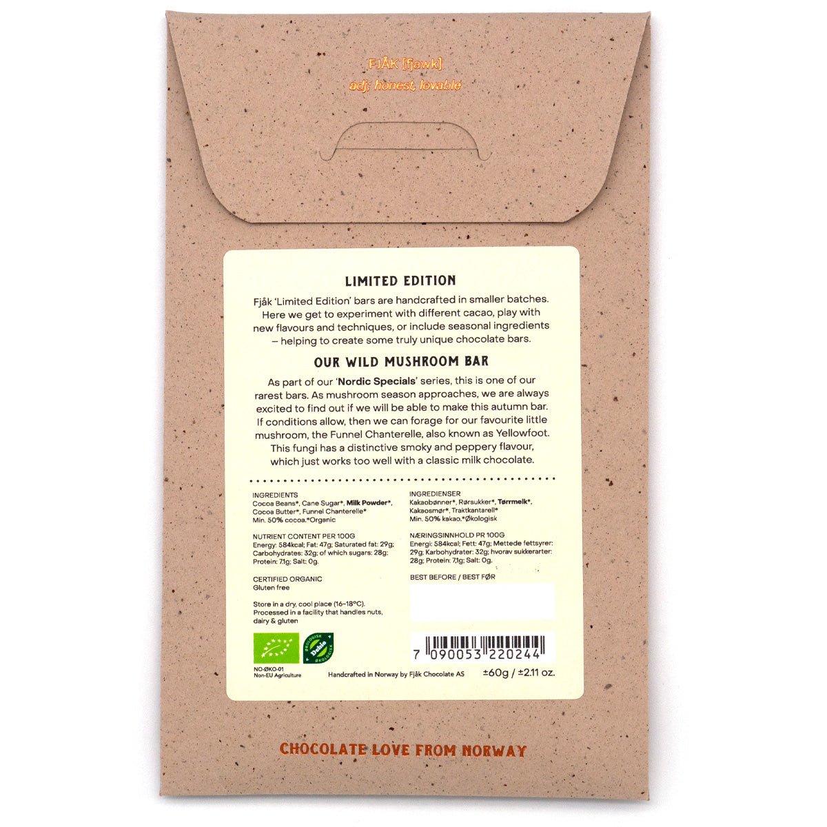 Fjak Wild Mushroom 45% Milk Chocolate Bar - 60g