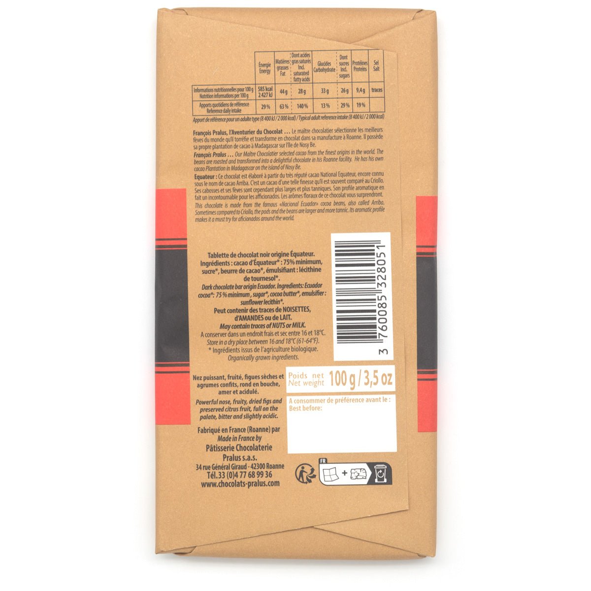 Pralus Equateur BIO 75% Single Origin Dark Chocolate Bar - 100g