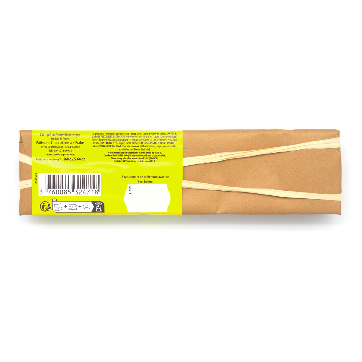 Pralus Infernale Pistachio 75% Dark Chocolate with Pistachio Bar - 160g