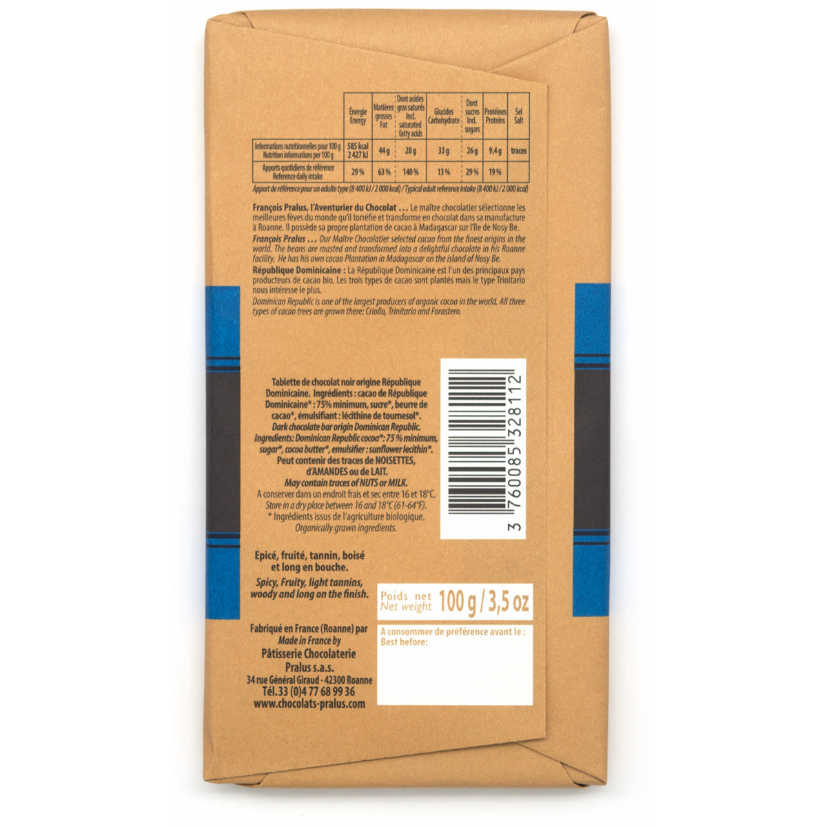 Pralus Republique Dominicaine BIO 75% Single Origin Dark Chocolate Bar - 100g