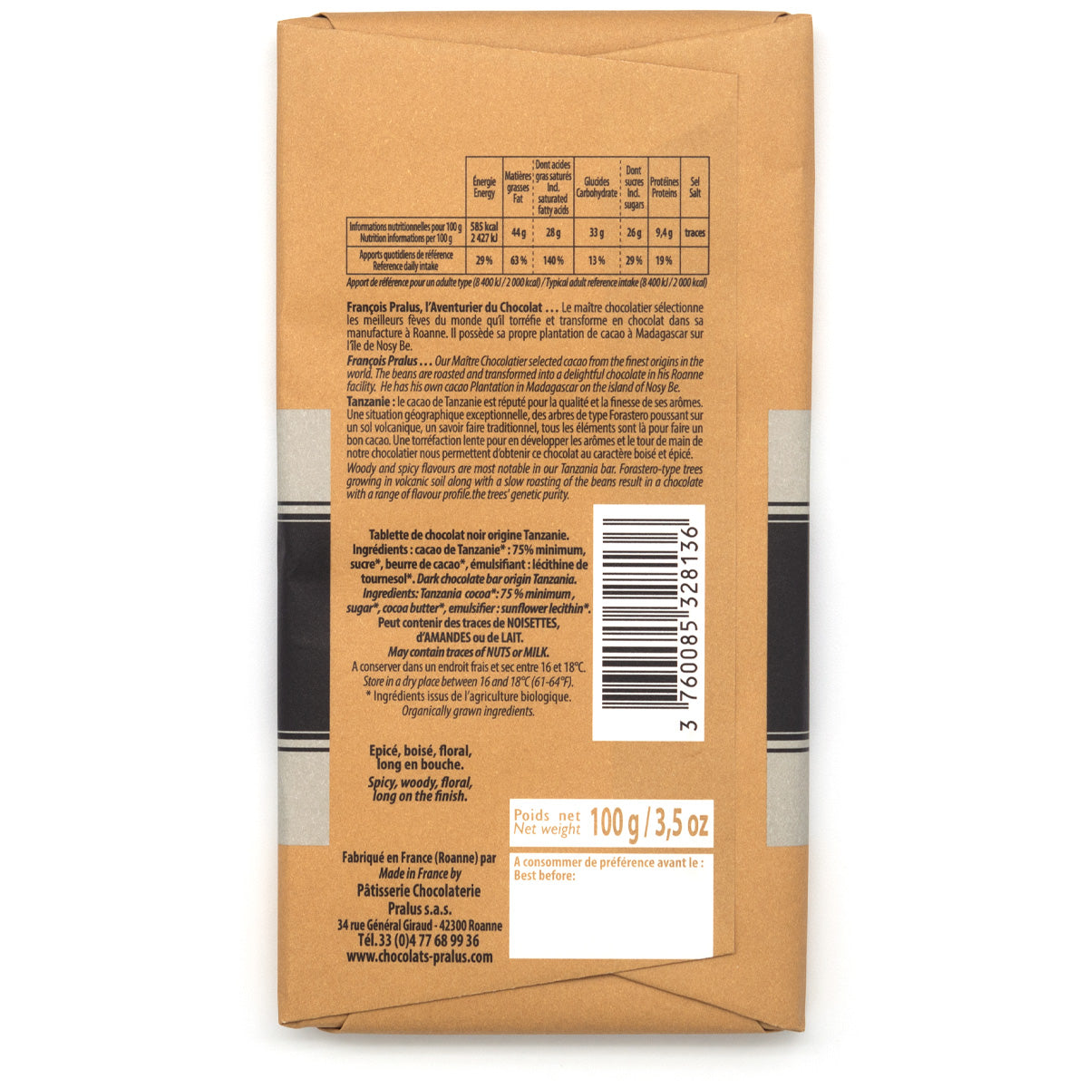 Pralus Tanzanie BIO 75% Single Origin Dark Chocolate Bar - 100g