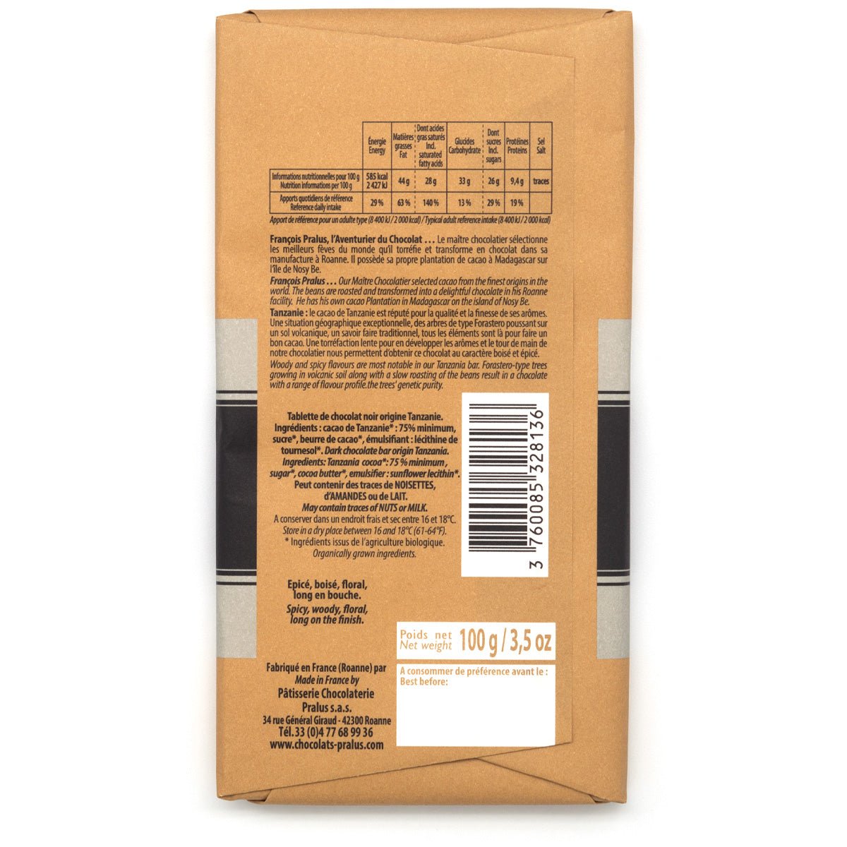 Pralus Tanzanie BIO 75% Single Origin Dark Chocolate Bar - 100g