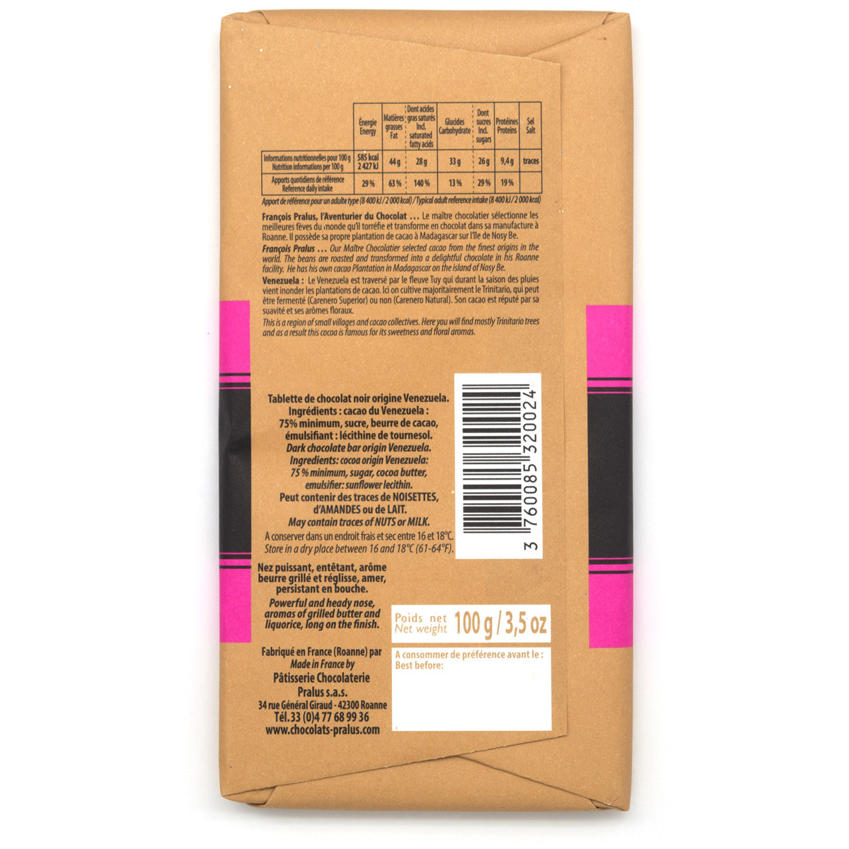Pralus Venezuela 75% Single Origin Dark Chocolate Bar - 100g