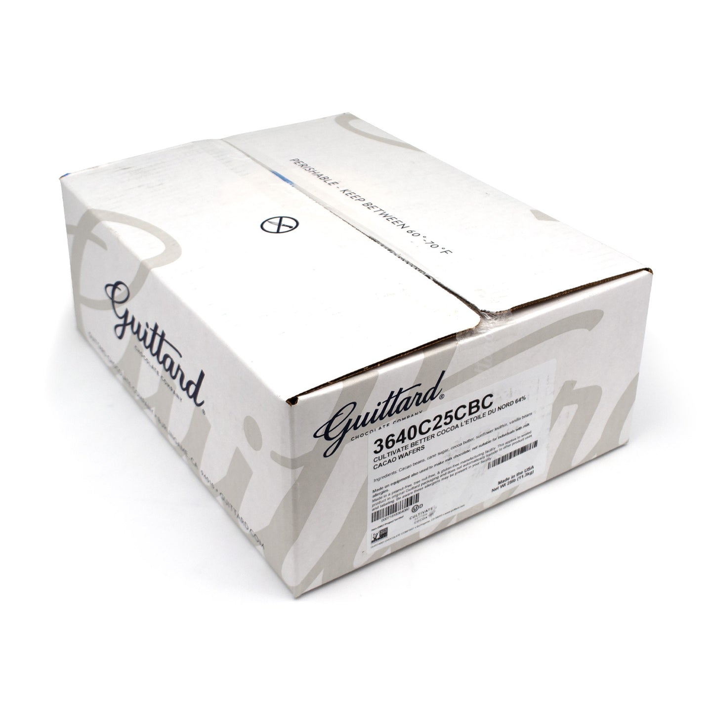 A white cardboard box for Guittard brand, featuring the brand name in black script and a product code label '3640C25CBC' on the front, set against a plain white background.