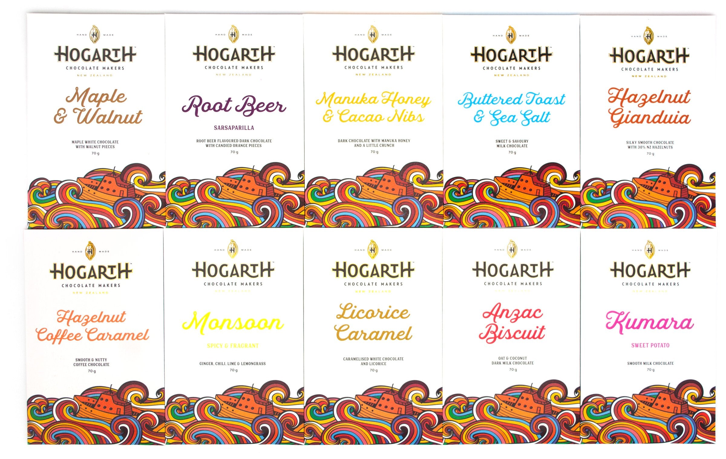 Hogarth chocolate bar labels with various flavors on a white background