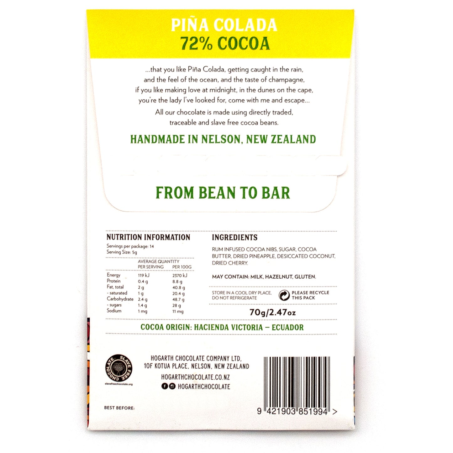 Hogarth Piña Colada 72% Single Estate Dark Chocolate Bar - 70g