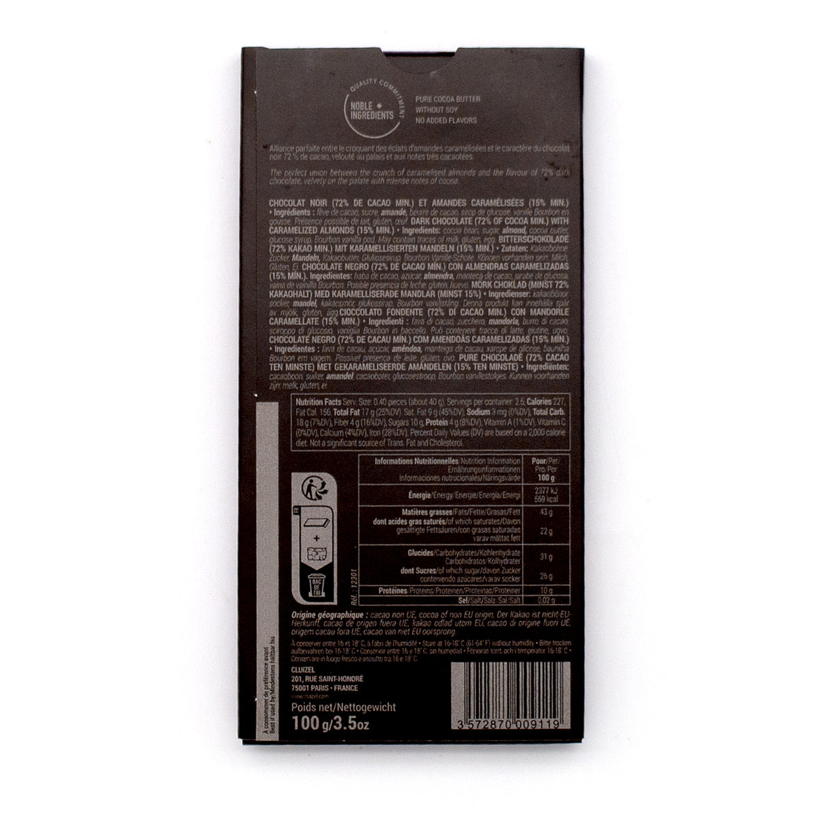 Michel Cluizel 72% Dark Chocolate with Caramelized Almonds Bar - 100g