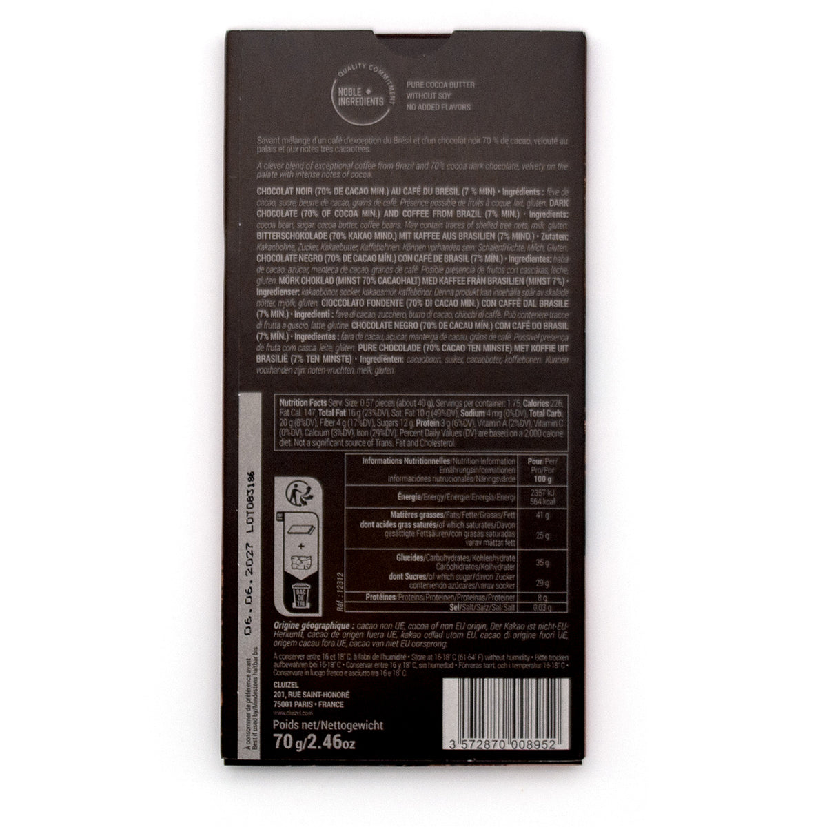 Michel Cluizel Café 70% Single Origin Dark Chocolate & Coffee Bar - 70g