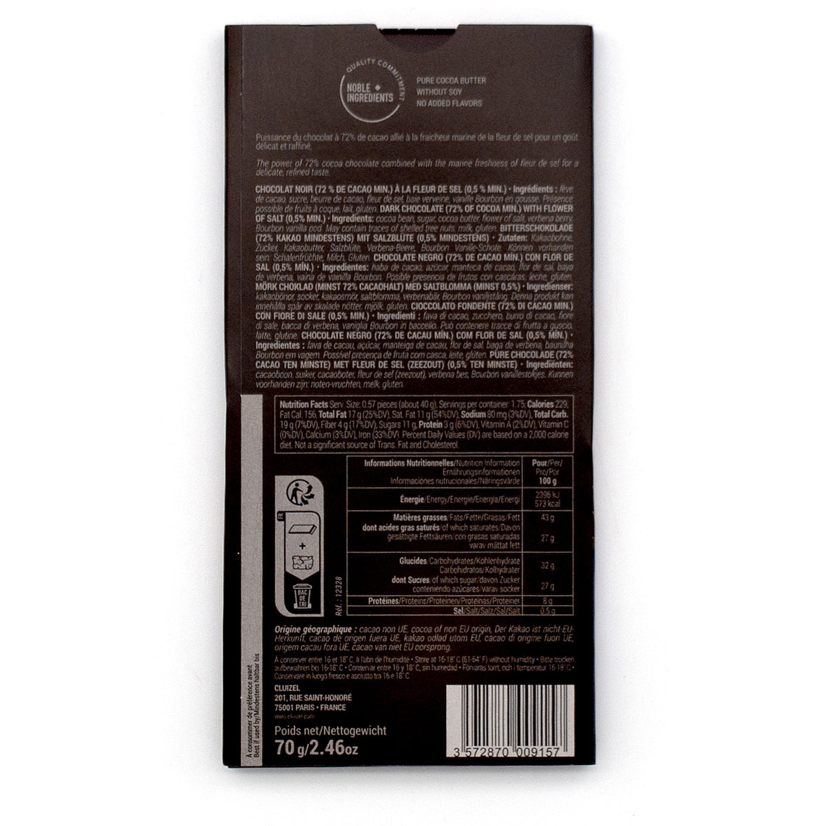 The back of a dark brown chocolate bar package, showing product details, ingredients, nutritional information, and a barcode on a white background.