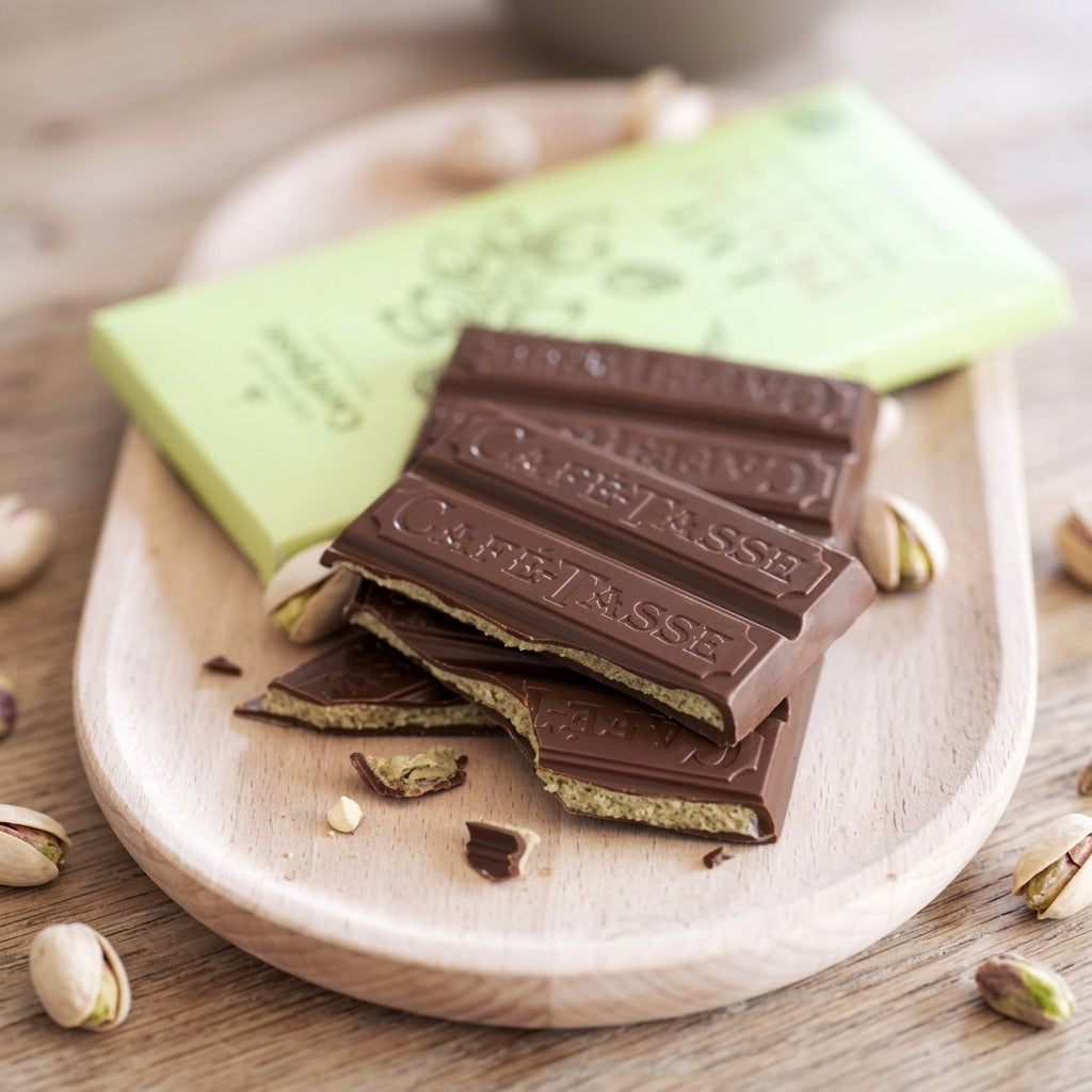 Cafe-Tasse chocolate bars on a wooden plate