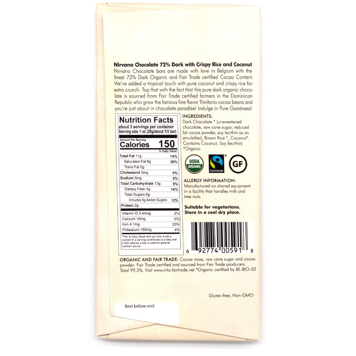 Nirvana Coconut & Crispy Rice Organic 72% Single Origin Dark Chocolate Bar - 100g