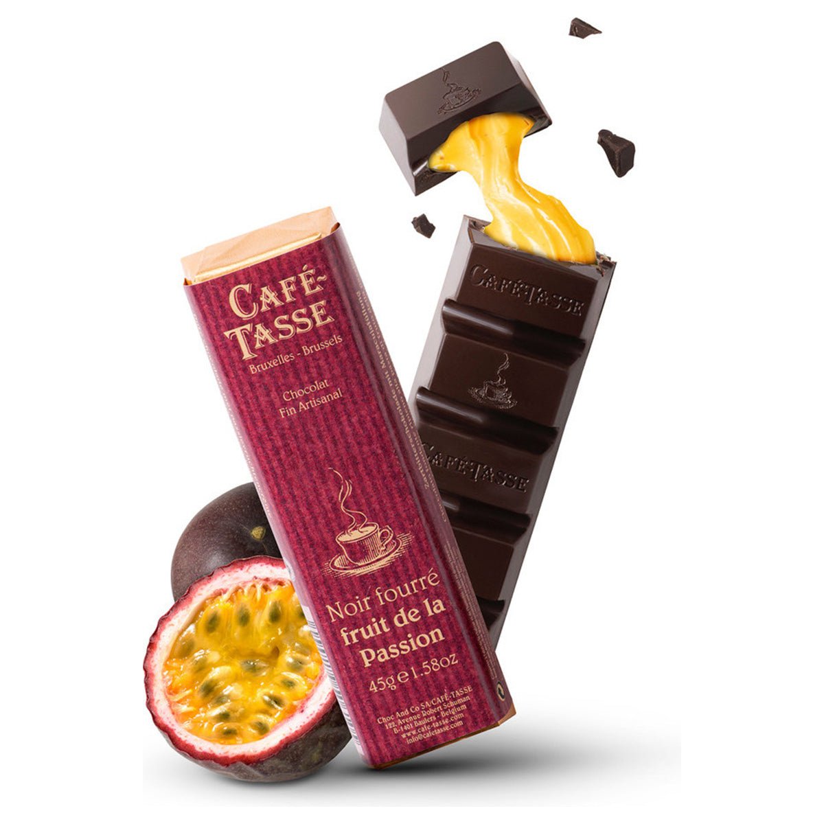 Cafe-Tasse Noir Fourre Fruit de la Passion 60% Dark Chocolate Passion Fruit Bar - 45g