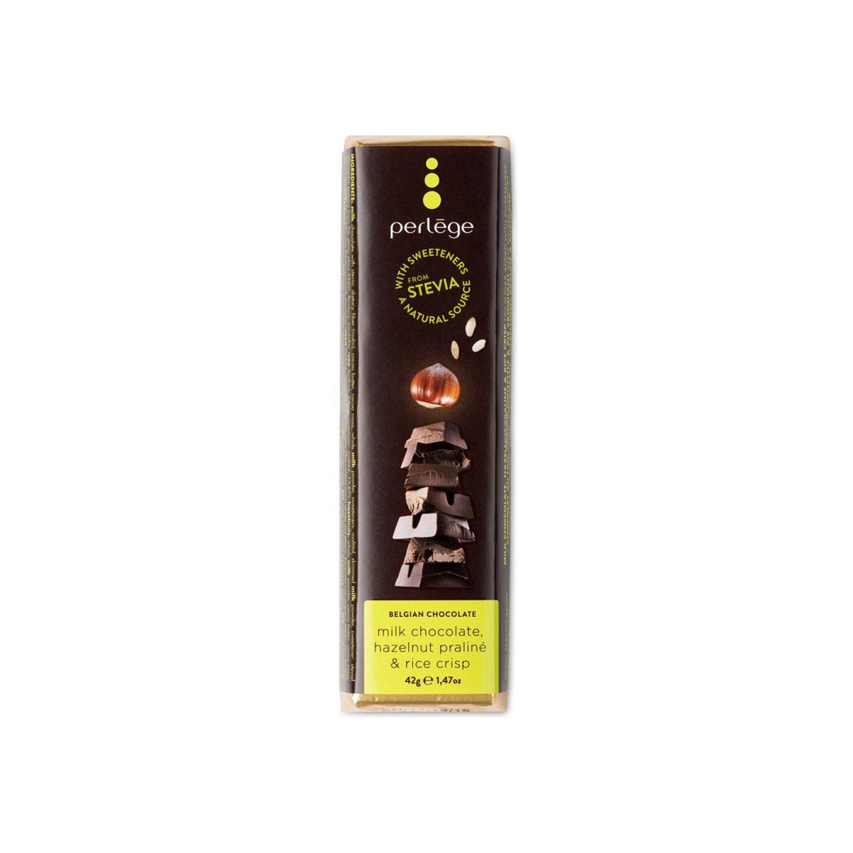 Perlège Stevia Sweetened 57% Milk Chocolate with Hazelnut & Crispy Rice Praline Bar - 42g