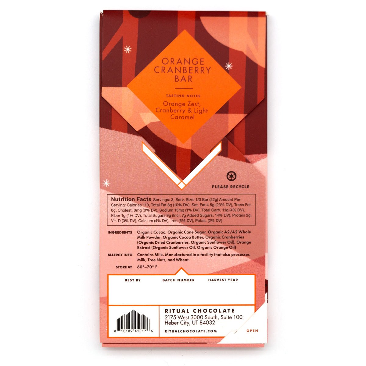 Ritual Chocolate Cranberries in Orange 46% Milk Chocolate Bar - 60g