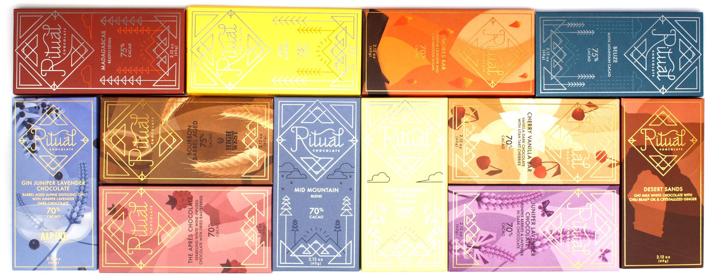 Collection of colorful Ritual Chocolate boxes on a white background