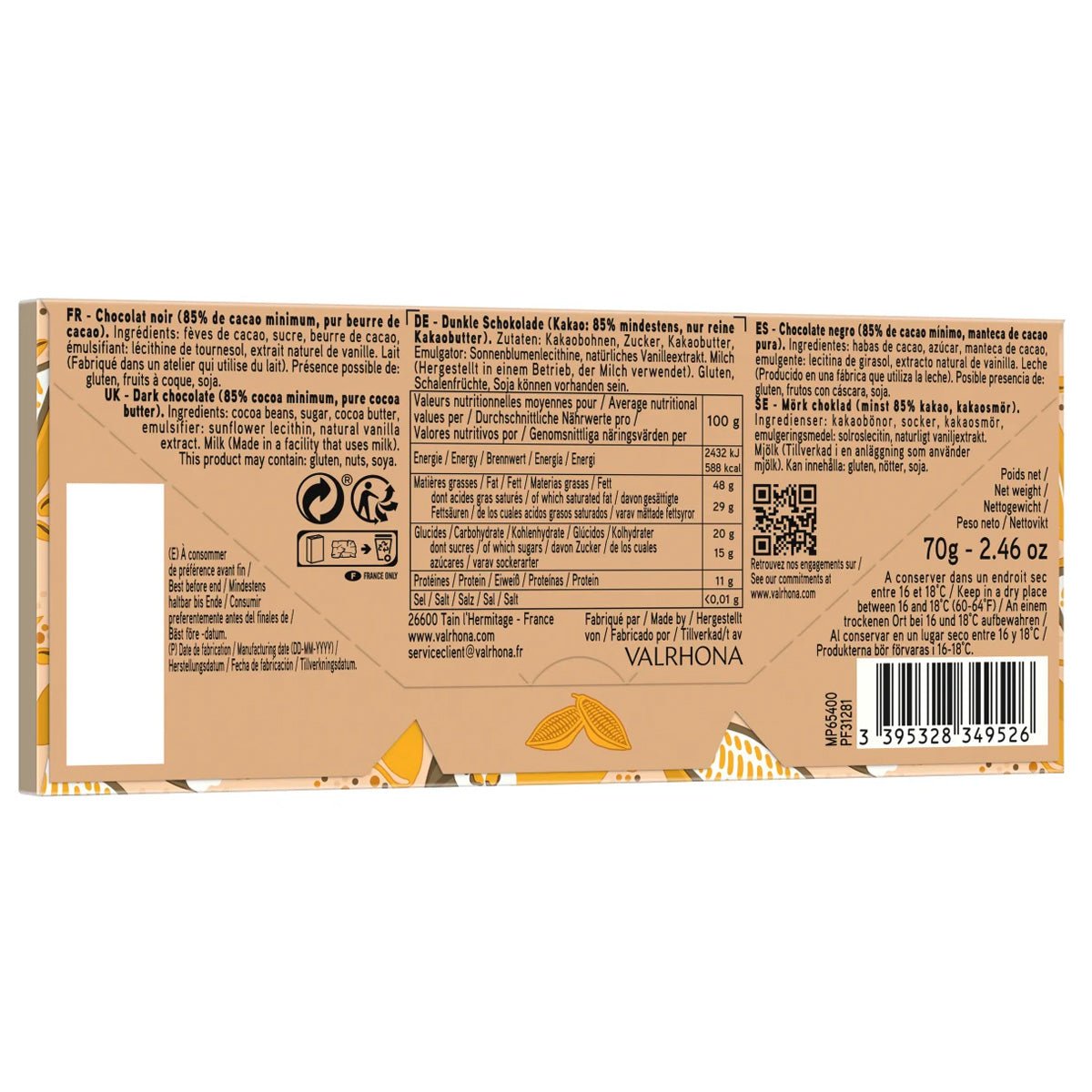 Valrhona Abinao 85% Dark Chocolate Bar - 70g
