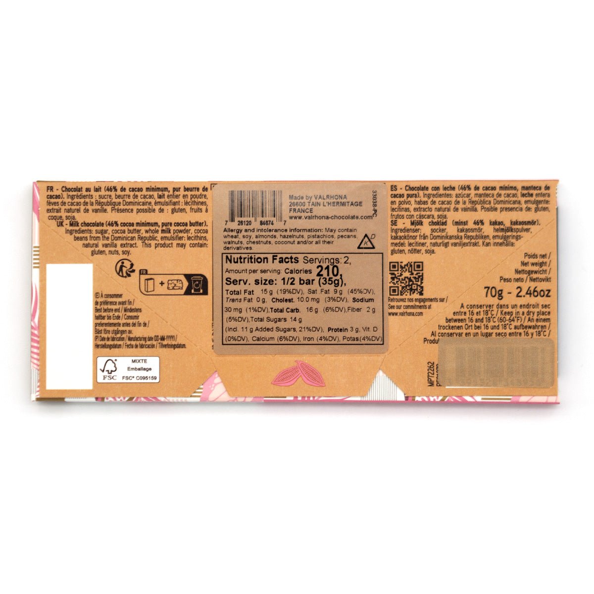Valrhona Bahibe 46% Milk Chocolate Bar - 70g