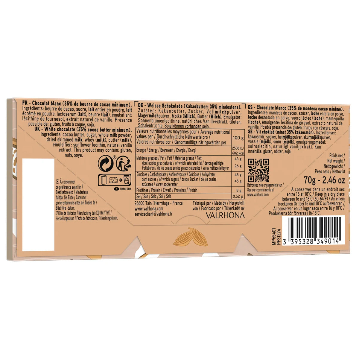 Valrhona Blond Dulcey 35% White Chocolate Bar - 70g