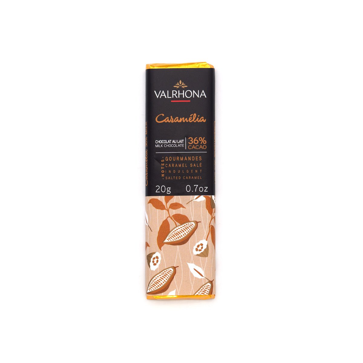 Valrhona Caramelia 36% Milk Chocolate Mini-Bar - 20 grams packaging on a white background