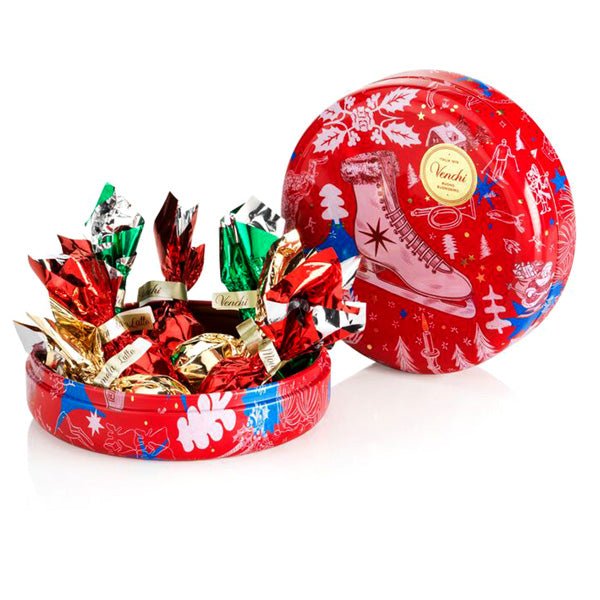 Venchi Anna Higgie Round Metal Tin with Milk & Dark Chocolate Comets- 7 pc - 86g